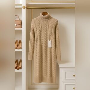 Preppy Classic Cable Knit Soft Stretch Turtleneck Sweater Midi Dress New